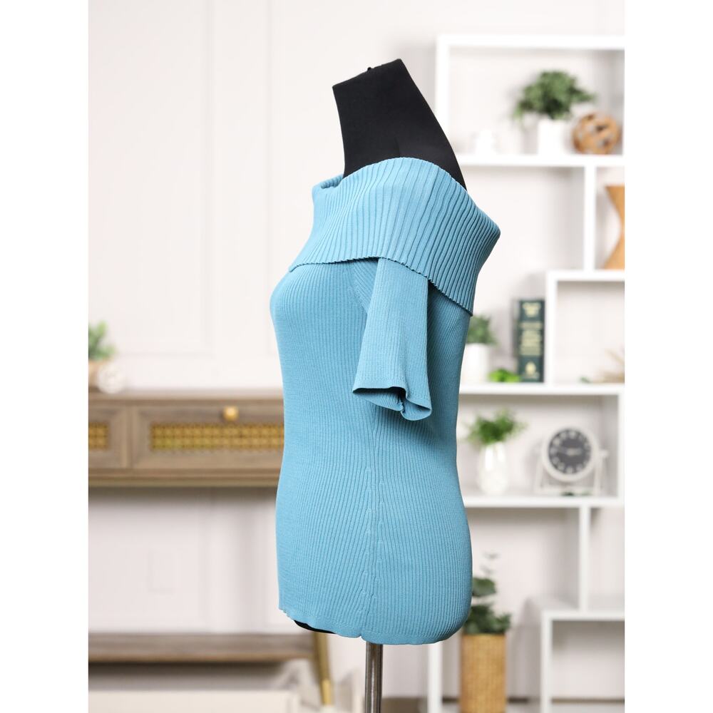 Romantic Feminine New York & Co Teal Off Shoulder Ribbed Sweater Night Out M NWT - Picture 8 of 15